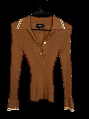 Free Market Brown Ribbed Button Henley Collared Blouse Women Sz M